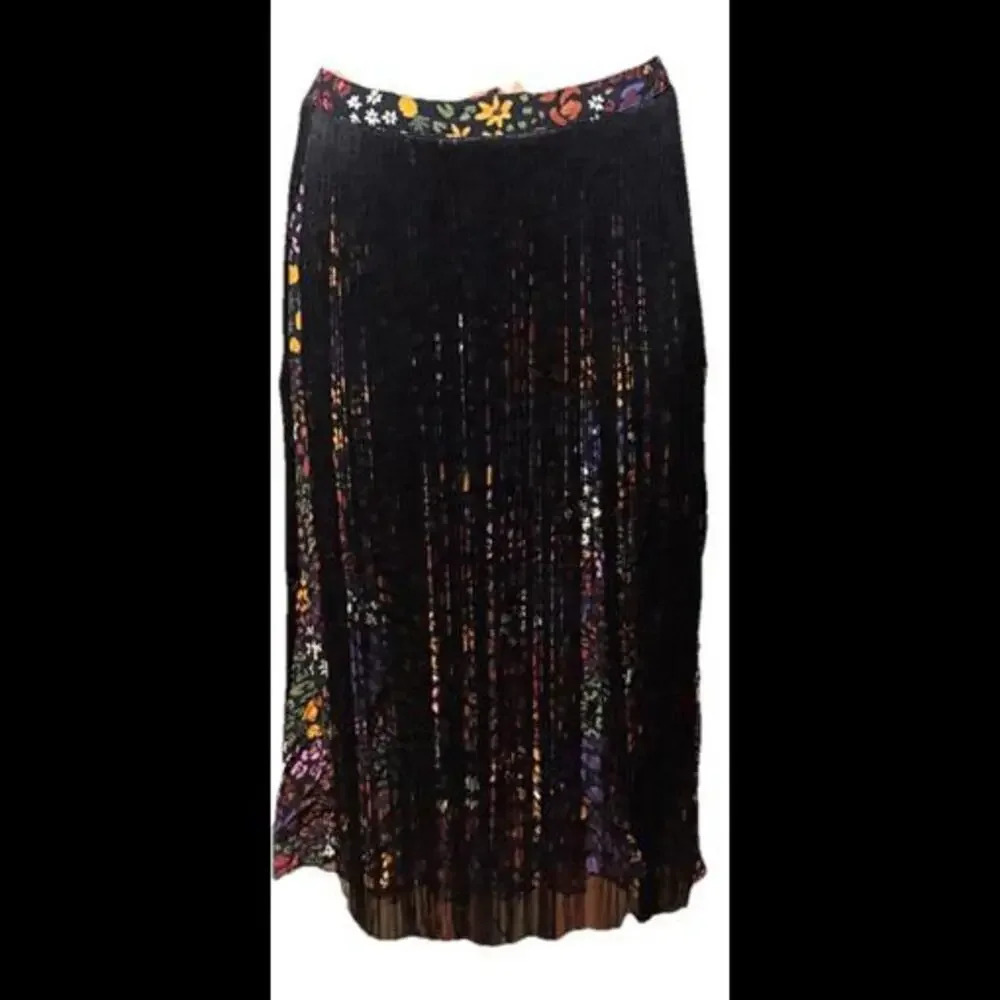 Farm Rio Hippie Boho Y2K Multicolor Floral‎ Midi Skirt W/ Black Fringe